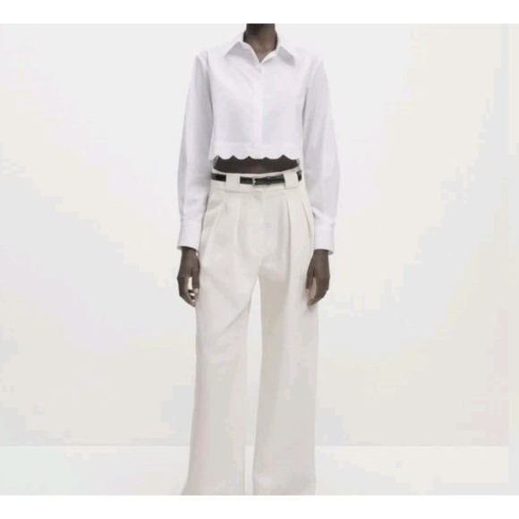 Massimo Dutti Cropped Button Down With Wavy Scallop Hem Black Size L NWT $149